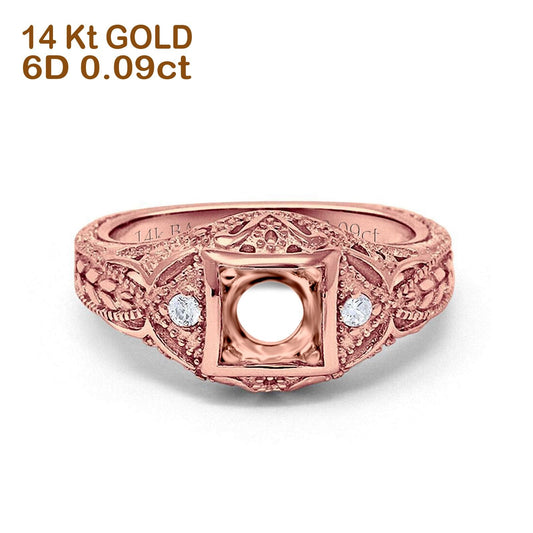 14K Rose Gold 0.09ct Round Antique Style 5mm G SI Semi Mount Diamond Engagement Wedding Ring