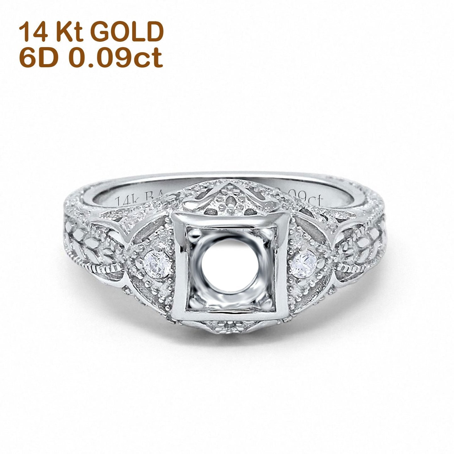 14K White Gold 0.09ct Round Antique Style 5mm G SI Semi Mount Diamond Engagement Wedding Ring