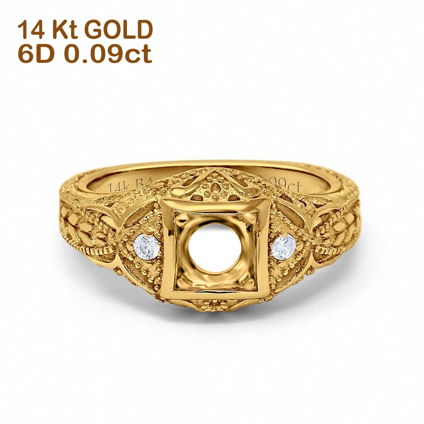 14K Yellow Gold 0.09ct Round Antique Style 5mm G SI Semi Mount Diamond Engagement Wedding Ring