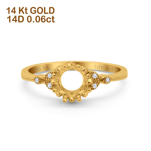 14K Yellow Gold 0.06ct Round Art Deco Fashion 7mm G SI Semi Mount Diamond Engagement Wedding Ring