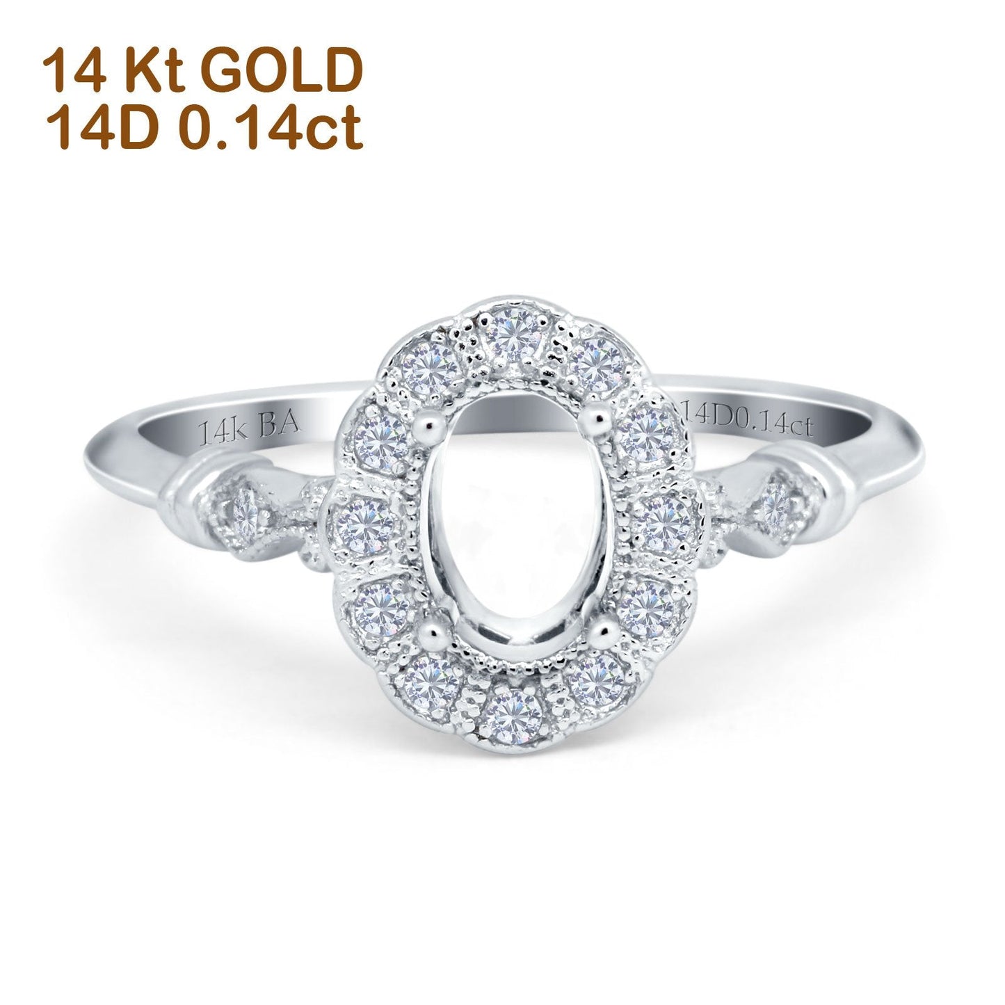 14K White Gold 0.14ct Oval 7mmx5mm G SI Semi Mount Diamond Engagement Wedding Ring Size 6.5