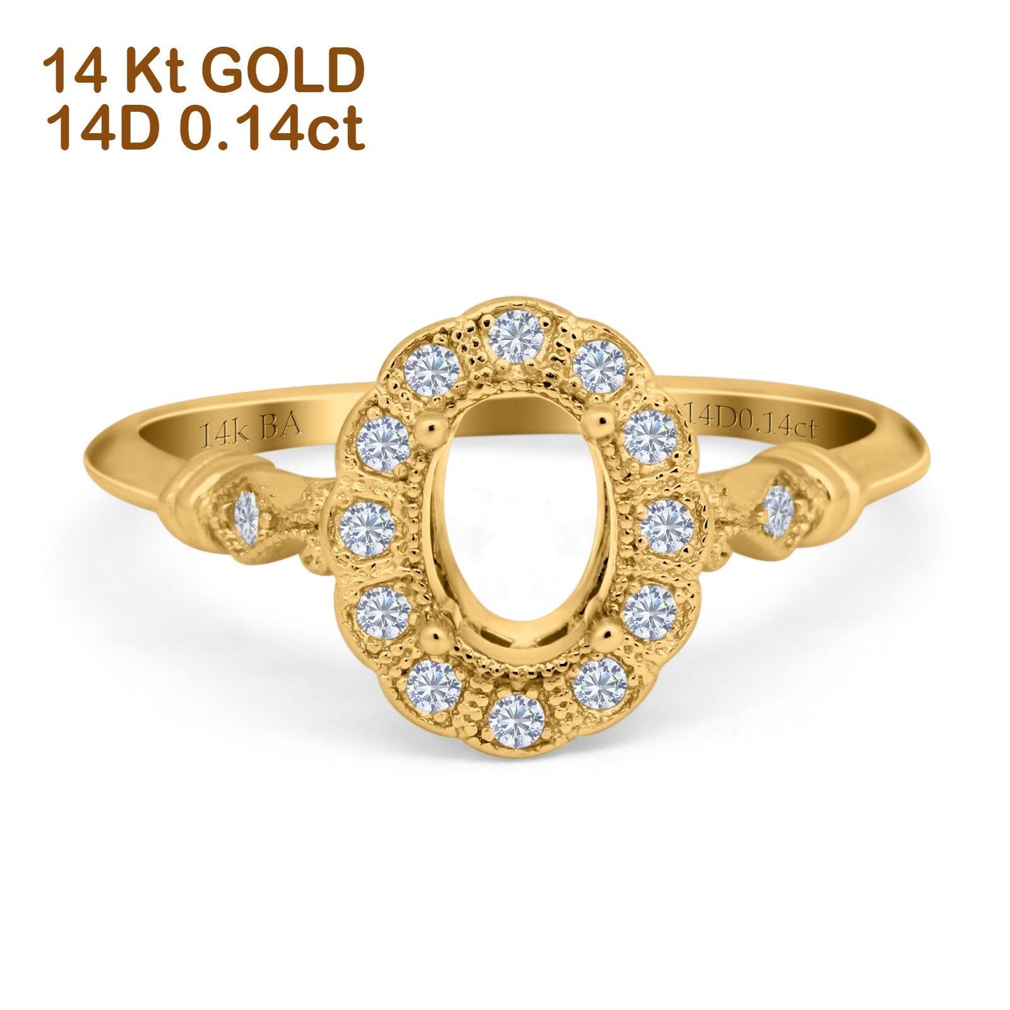 14K Yellow Gold 0.14ct Oval 7mmx5mm G SI Semi Mount Diamond Engagement Wedding Ring Size 6.5