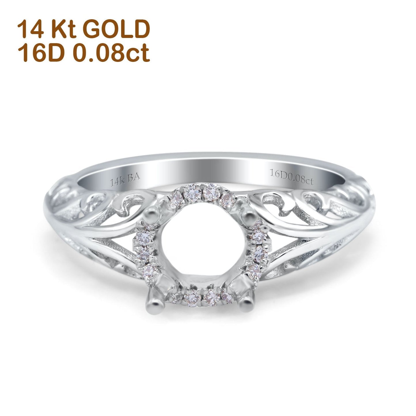 14K White Gold 0.08ct Round Art Deco Filigree 6mm G SI Semi Mount Diamond Engagement Wedding Ring Size 6.5