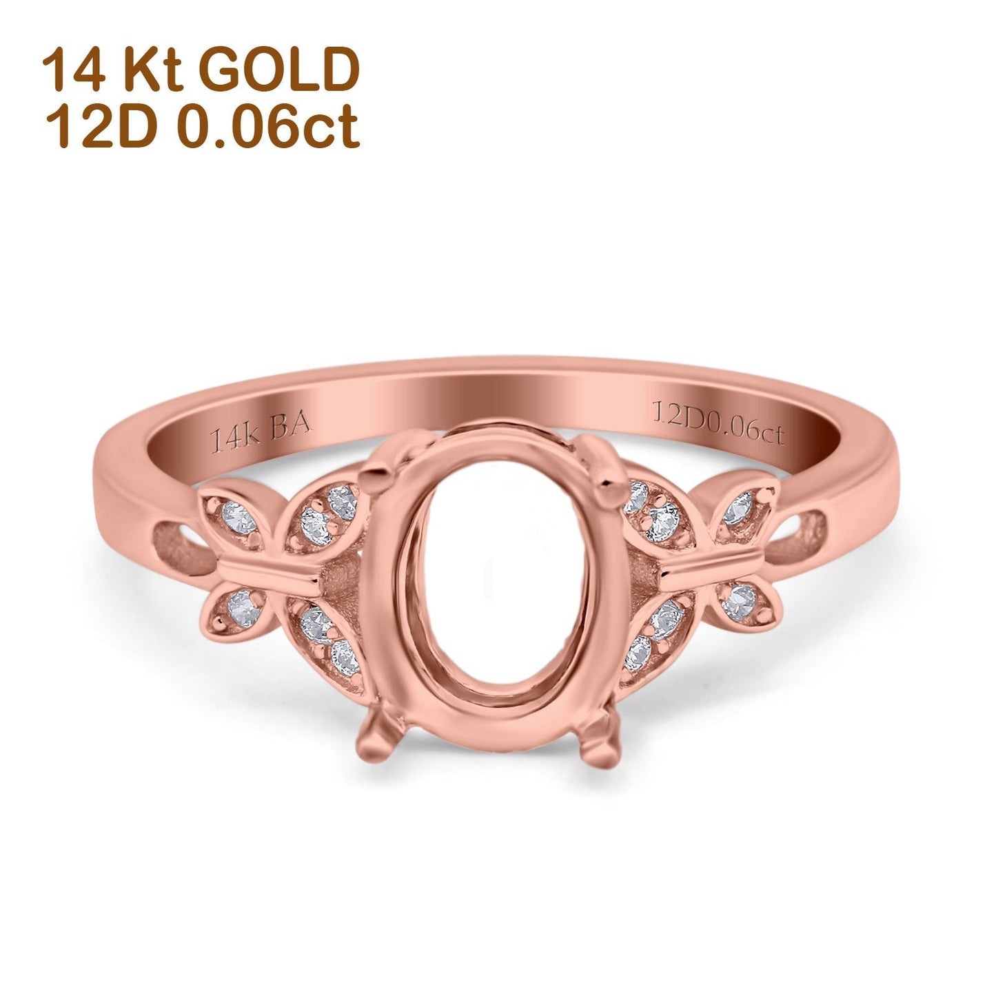 14K Rose Gold 0.06ct Butterfly Accent Oval 8mmx6mm G SI Semi Mount Diamond Engagement Wedding Ring Size 6.5