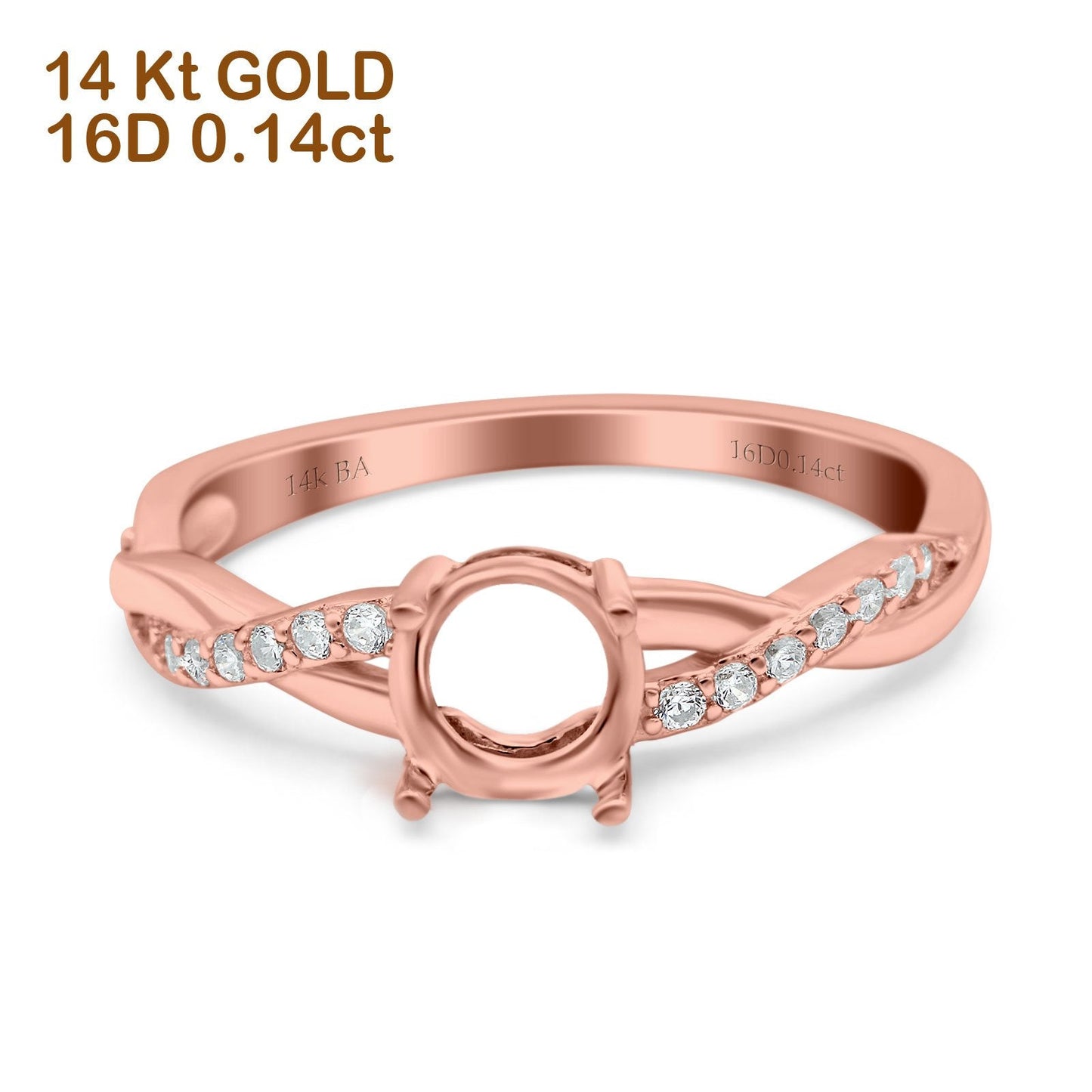 14K Rose Gold 0.14ct Round Art Deco 6mm G SI Semi Mount Diamond Engagement Wedding Ring Size 6.5