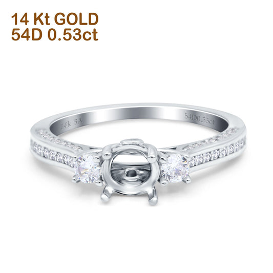 14K White Gold 0.53ct Round Three Stone Vintage 6mm G SI Semi Mount Diamond Engagement Wedding Ring Size 6.5