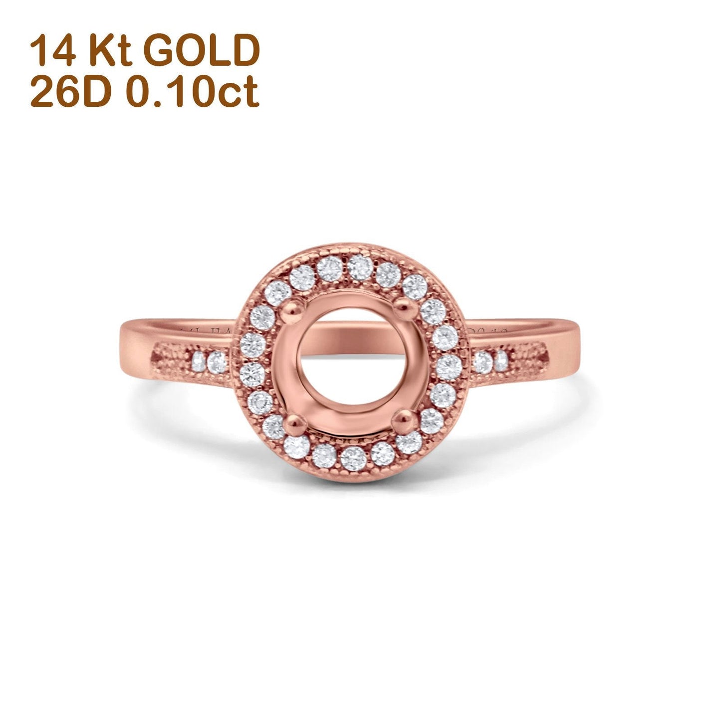 14K Rose Gold 0.10ct Round Art Deco 6mm G SI Semi Mount Diamond Engagement Wedding Ring Size 6.5