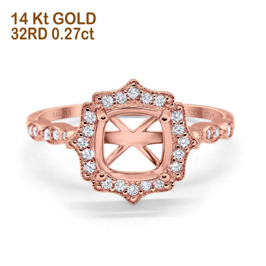 14K Rose Gold 0.27ct Halo Cushion 8mm G SI Semi Mount Diamond Engagement Wedding Ring Size 6.5