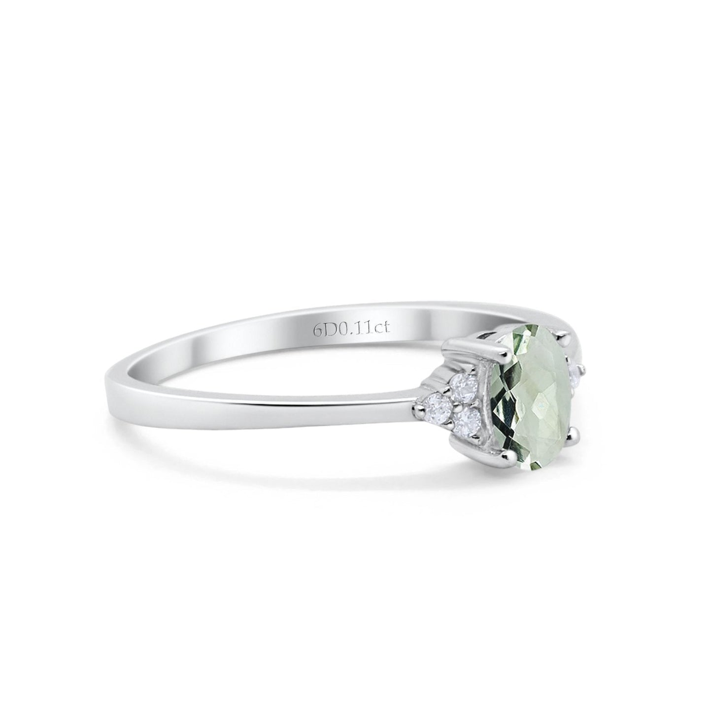 14K White Gold 0.87ct Art Deco Oval 7mmx5mm G SI Natural Green Amethyst Diamond Engagement Wedding Ring Size 6.5