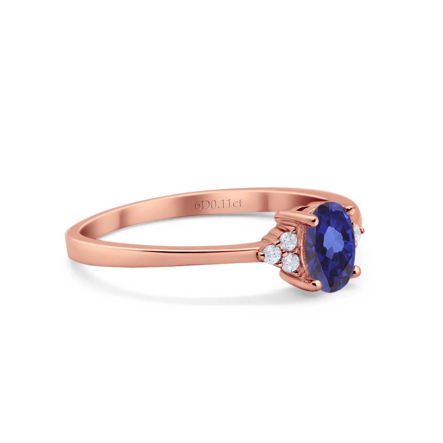 14K Rose Gold 0.87ct Art Deco Oval 7mmx5mm G SI Nano Blue Sapphire Diamond Engagement Wedding Ring Size 6.5