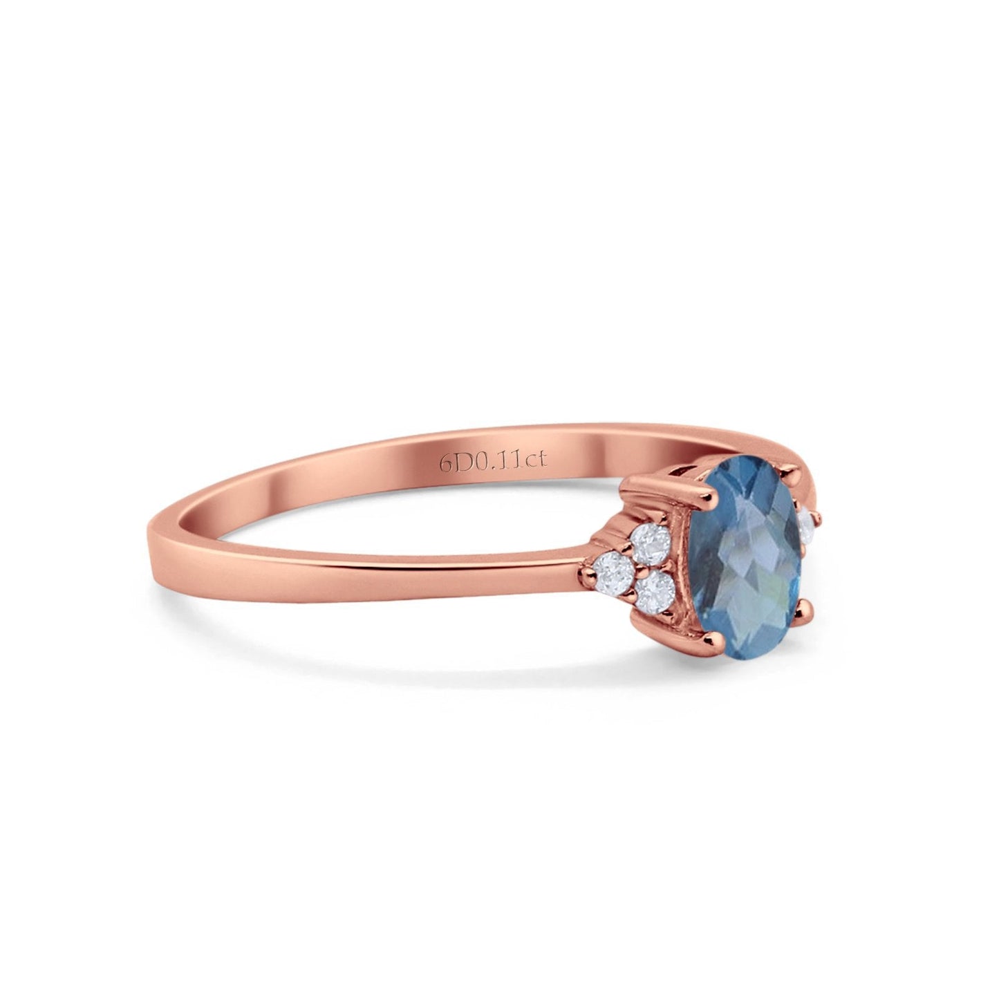 14K Rose Gold 0.87ct Art Deco Oval 7mmx5mm G SI London Blue Topaz Diamond Engagement Wedding Ring Size 6.5