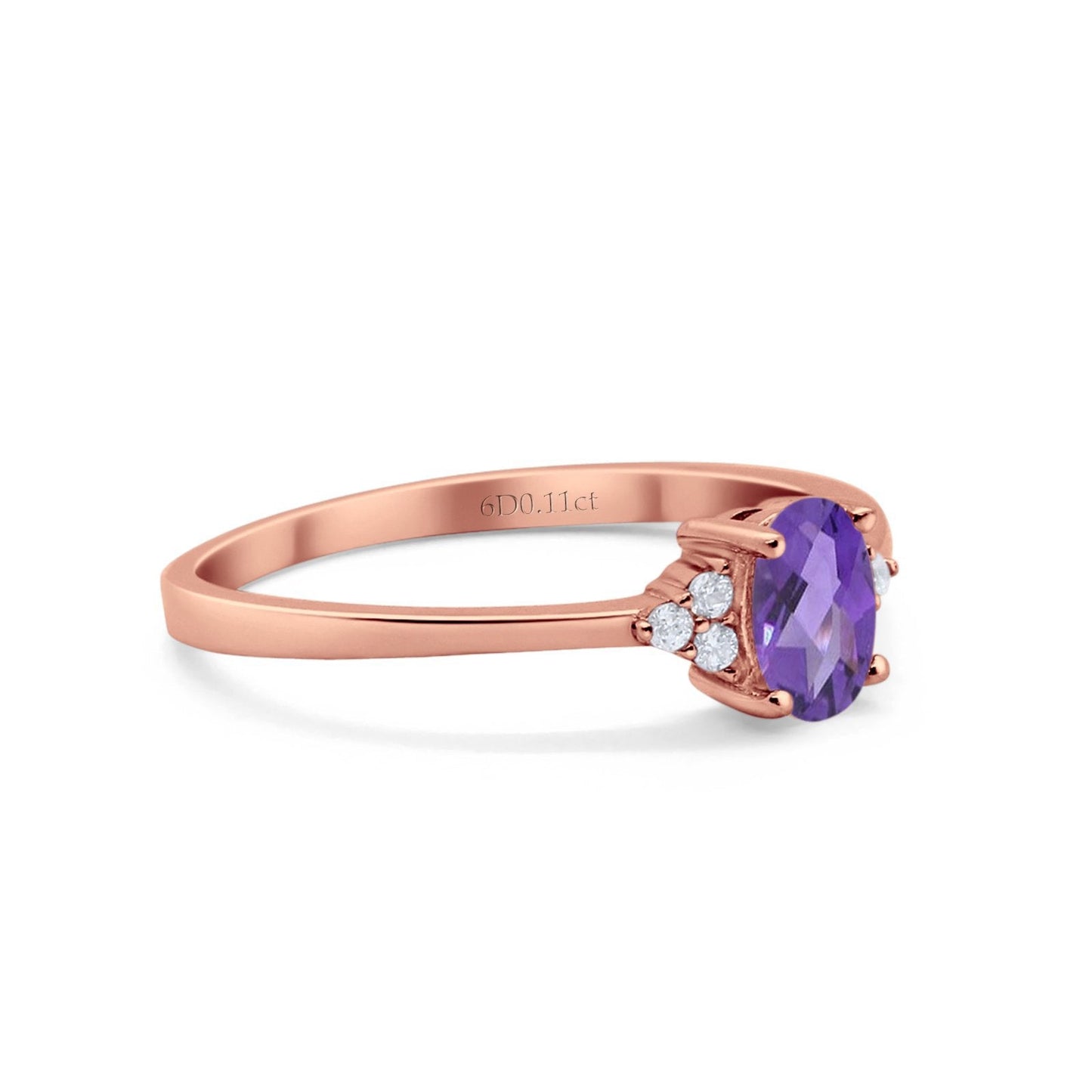 14K Rose Gold 0.87ct Art Deco Oval 7mmx5mm G SI Natural Amethyst Diamond Engagement Wedding Ring Size 6.5