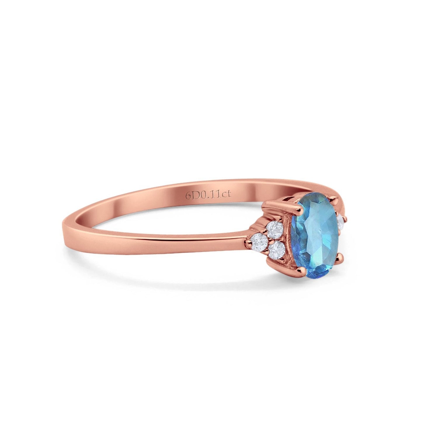 14K Rose Gold 0.87ct Art Deco Oval 7mmx5mm G SI Natural Blue Topaz Diamond Engagement Wedding Ring Size 6.5