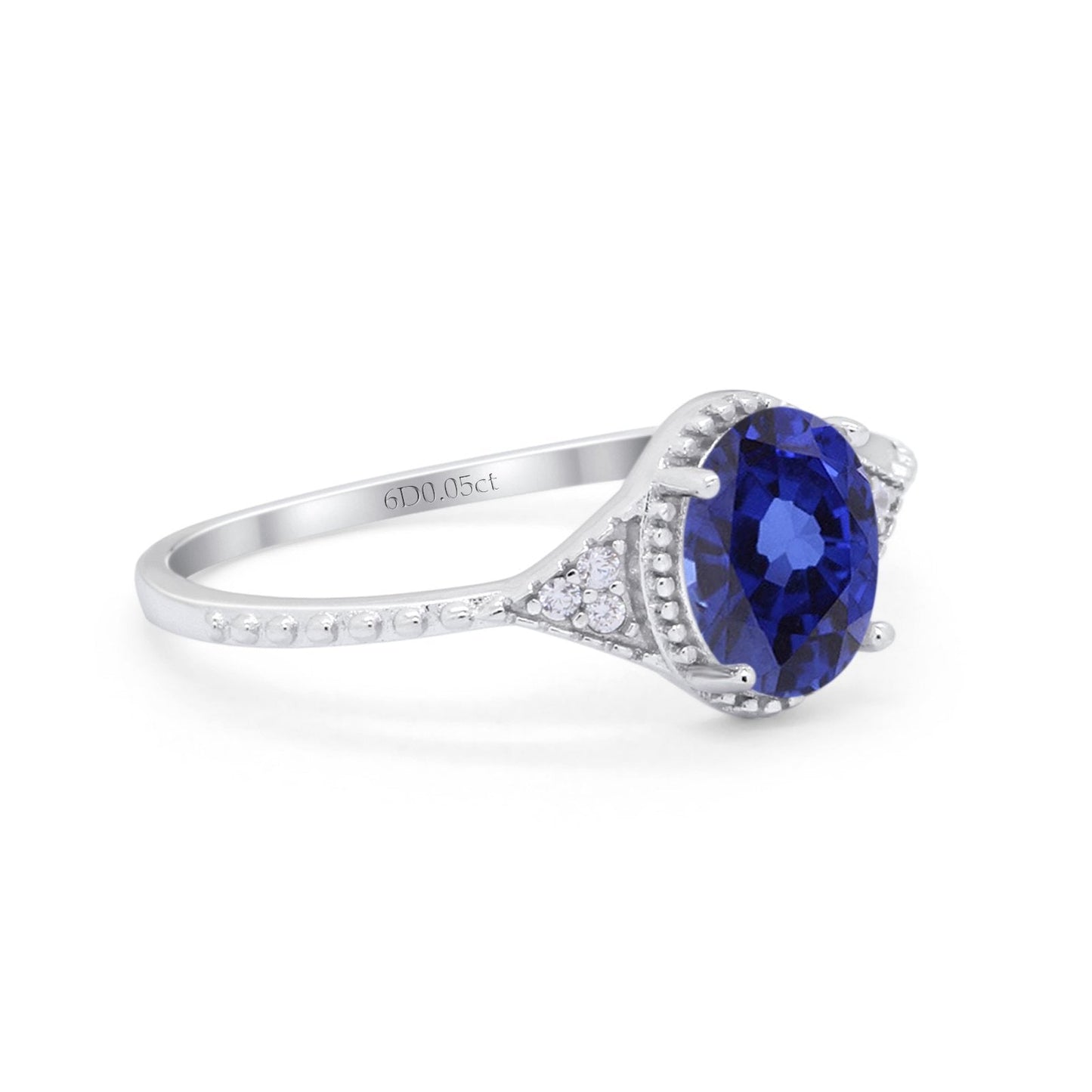 14K White Gold 1.26ct Oval Art Deco 8mmx6mm G SI Lab Blue Sapphire Diamond Engagement Wedding Ring Size 6.5