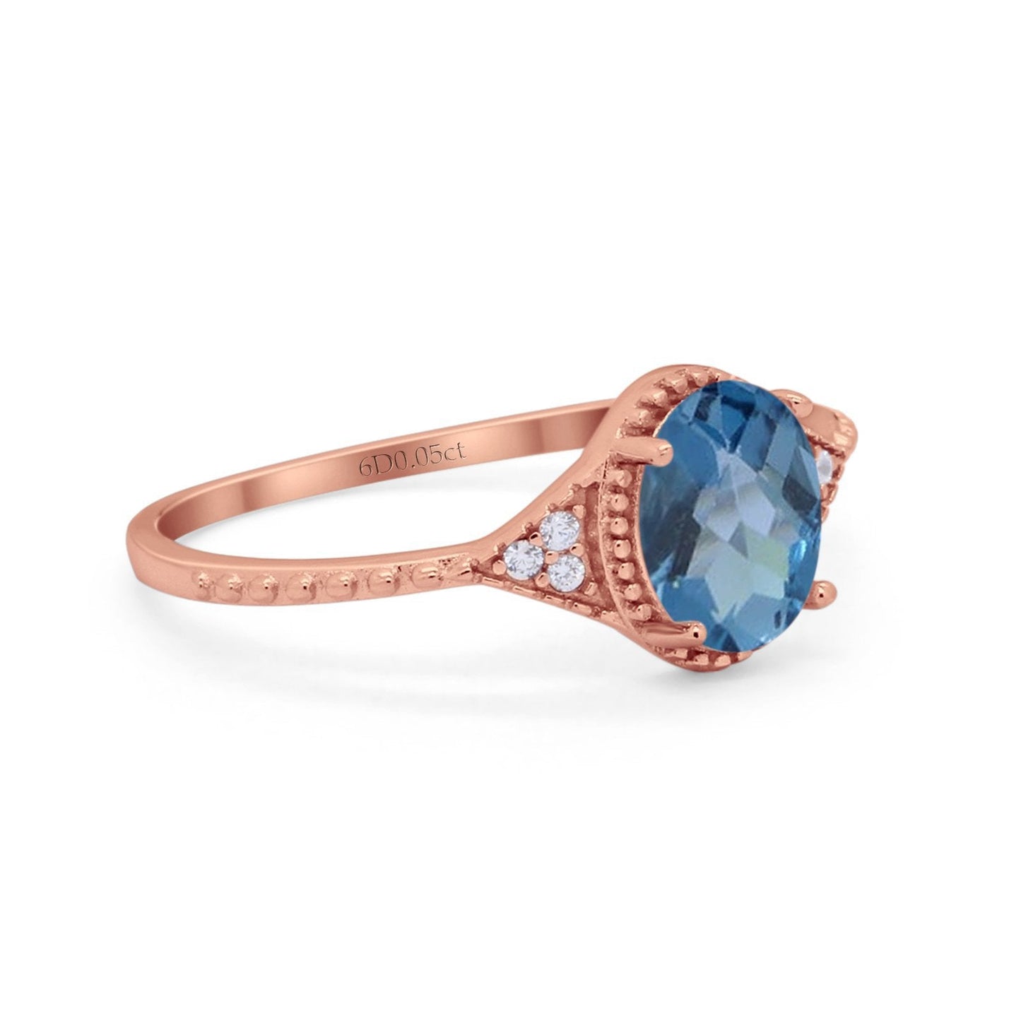 Bague de fiançailles en or rose 14 carats 1,26 ct Art déco ovale 8 mm x 6 mm G SI avec topaze bleue de Londres et diamant, taille 6,5