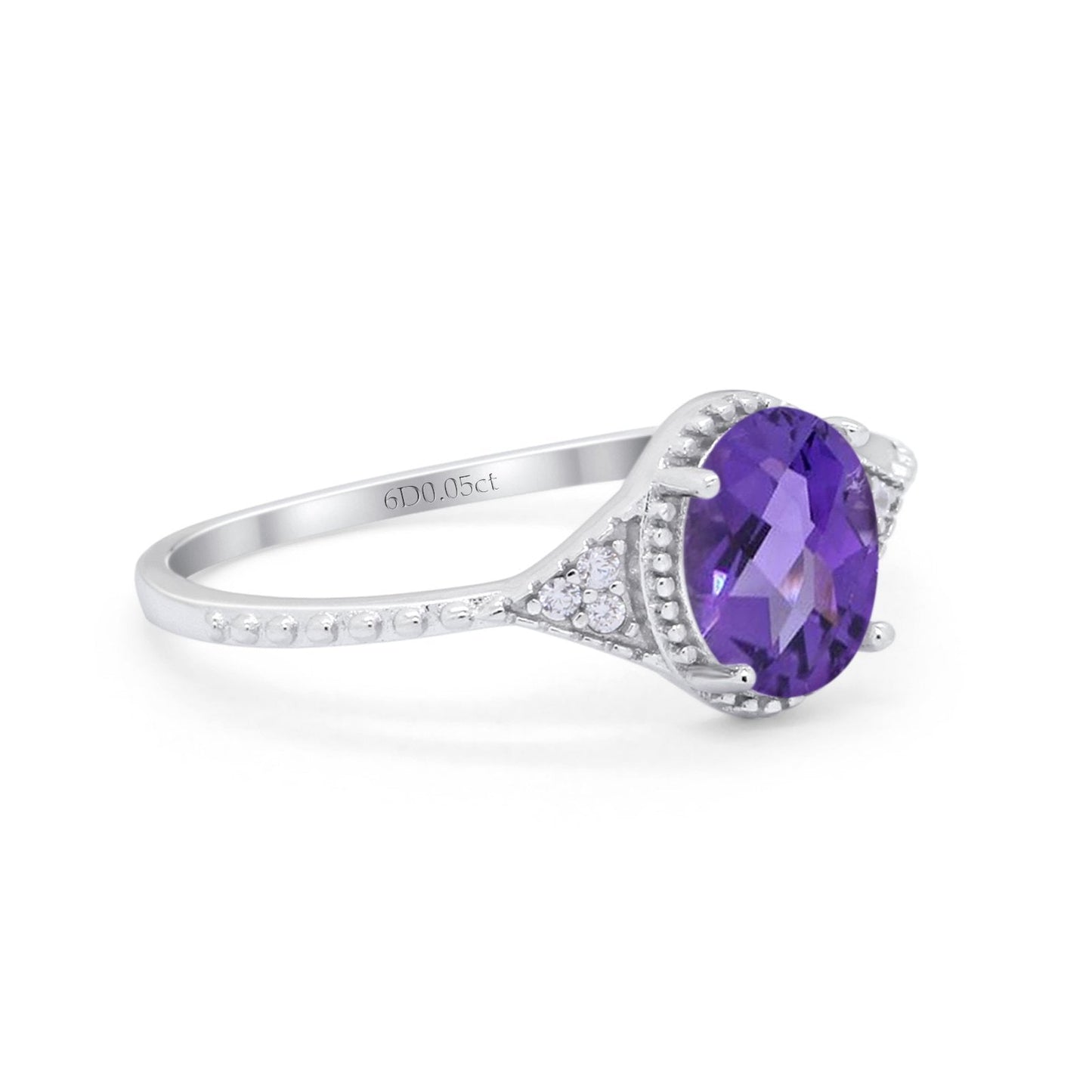 14K White Gold 1.26ct Oval Art Deco 8mmx6mm G SI Natural Amethyst Diamond Engagement Wedding Ring Size 6.5