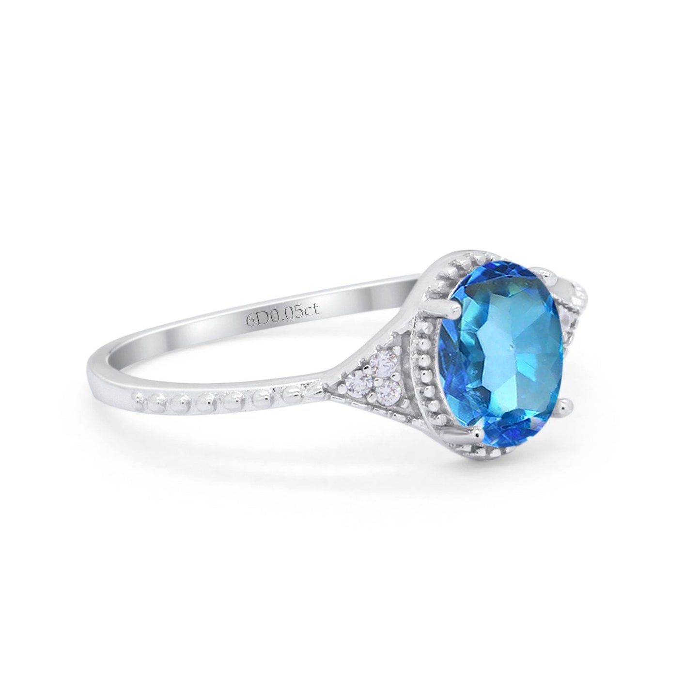 14K White Gold 1.26ct Oval Art Deco 8mmx6mm G SI Natural Blue Topaz Diamond Engagement Wedding Ring Size 6.5