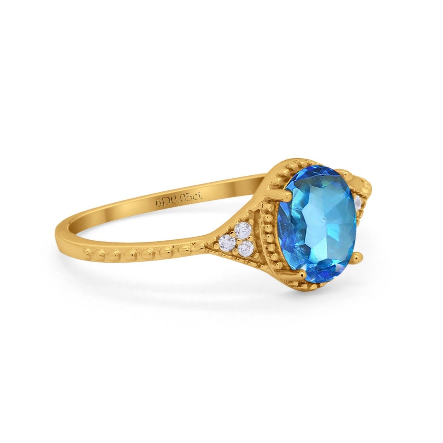 14K Yellow Gold 1.26ct Oval Art Deco 8mmx6mm G SI Natural Blue Topaz Diamond Engagement Wedding Ring Size 6.5