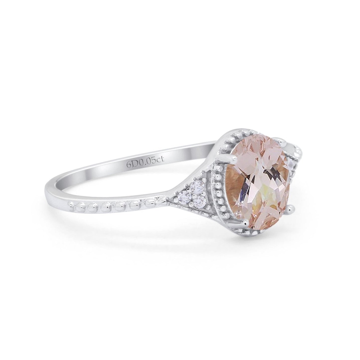 14K White Gold 1.26ct Oval Art Deco 8mmx6mm G SI Natural Morganite Diamond Engagement Wedding Ring Size 6.5