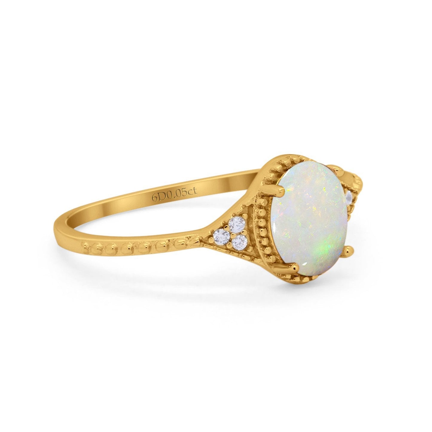 14K Yellow Gold 1.26ct Oval Art Deco 8mmx6mm G SI Natural White Opal Diamond Engagement Wedding Ring Size 6.5