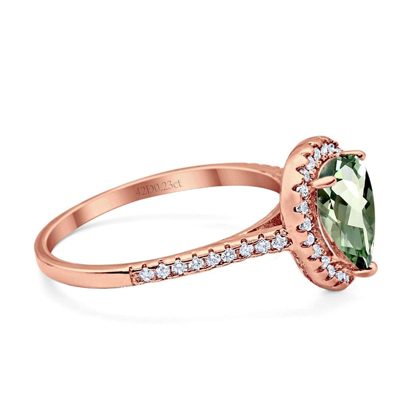 14K Rose Gold 1.48ct Teardrop Pear 8mmx6mm G SI Natural Green Amethyst Diamond Engagement Wedding Ring Size 6.5