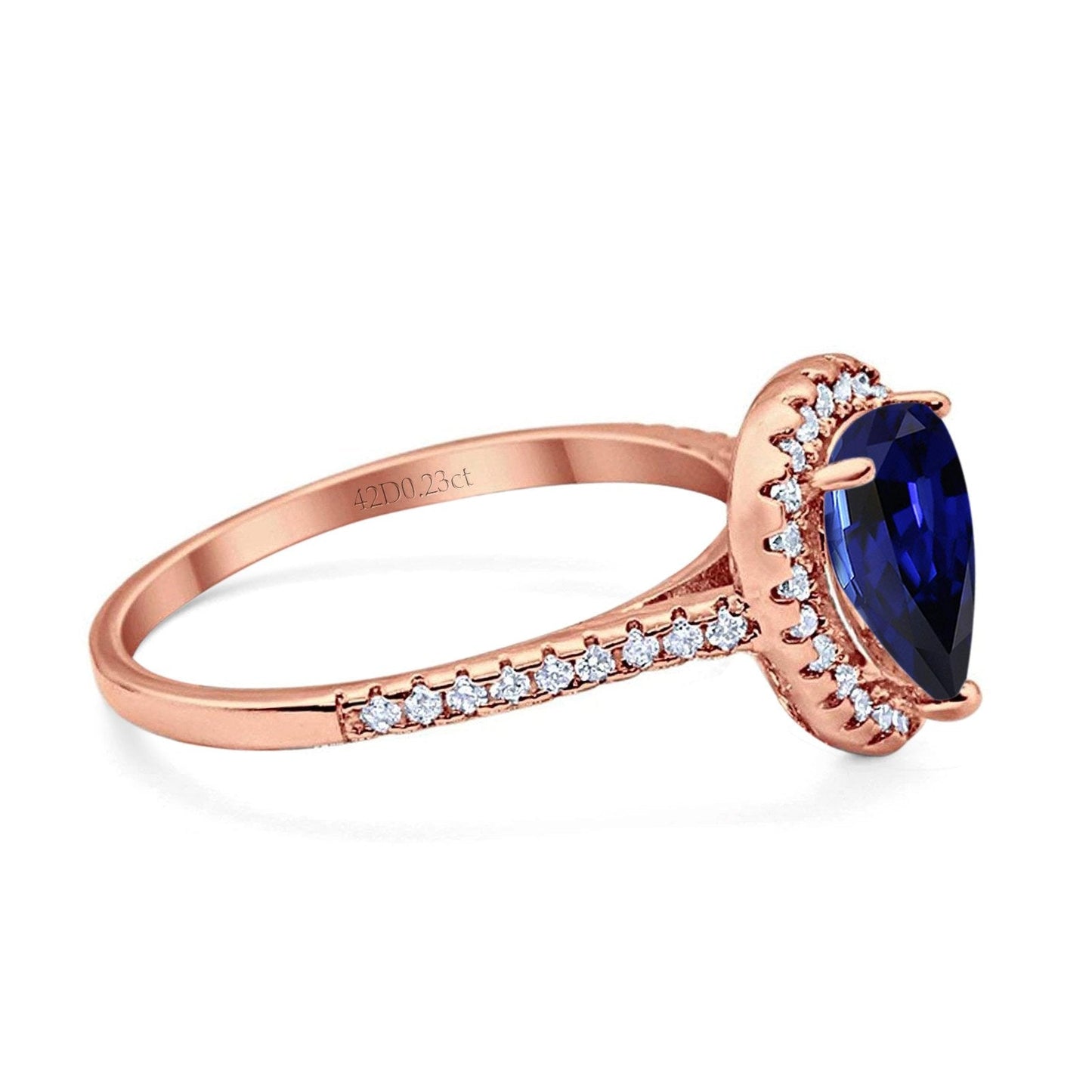 14K Rose Gold 1.48ct Teardrop Pear 8mmx6mm G SI Lab Blue Sapphire Diamond Engagement Wedding Ring Size 6.5