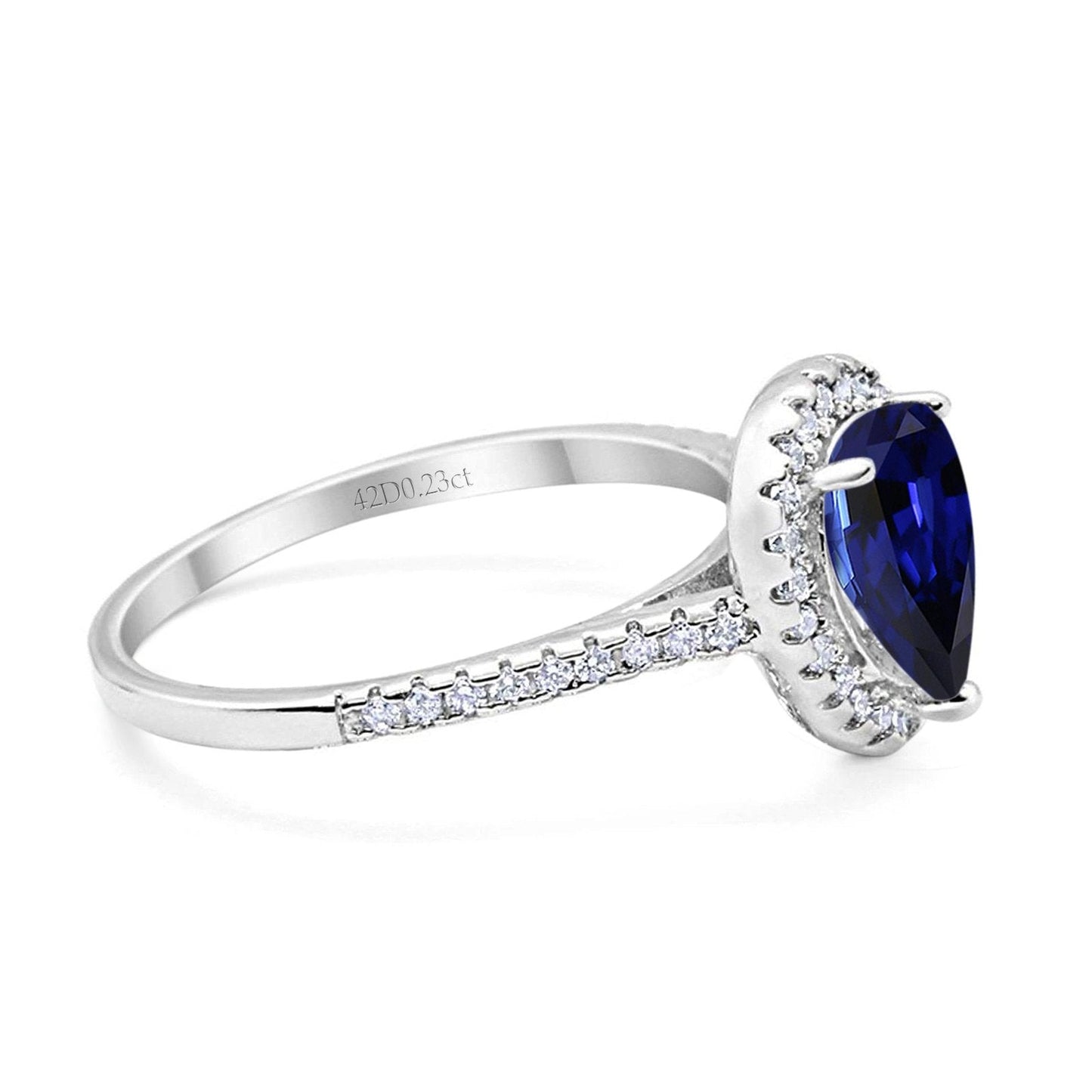 14K White Gold 1.48ct Teardrop Pear 8mmx6mm G SI Lab Blue Sapphire Diamond Engagement Wedding Ring Size 6.5