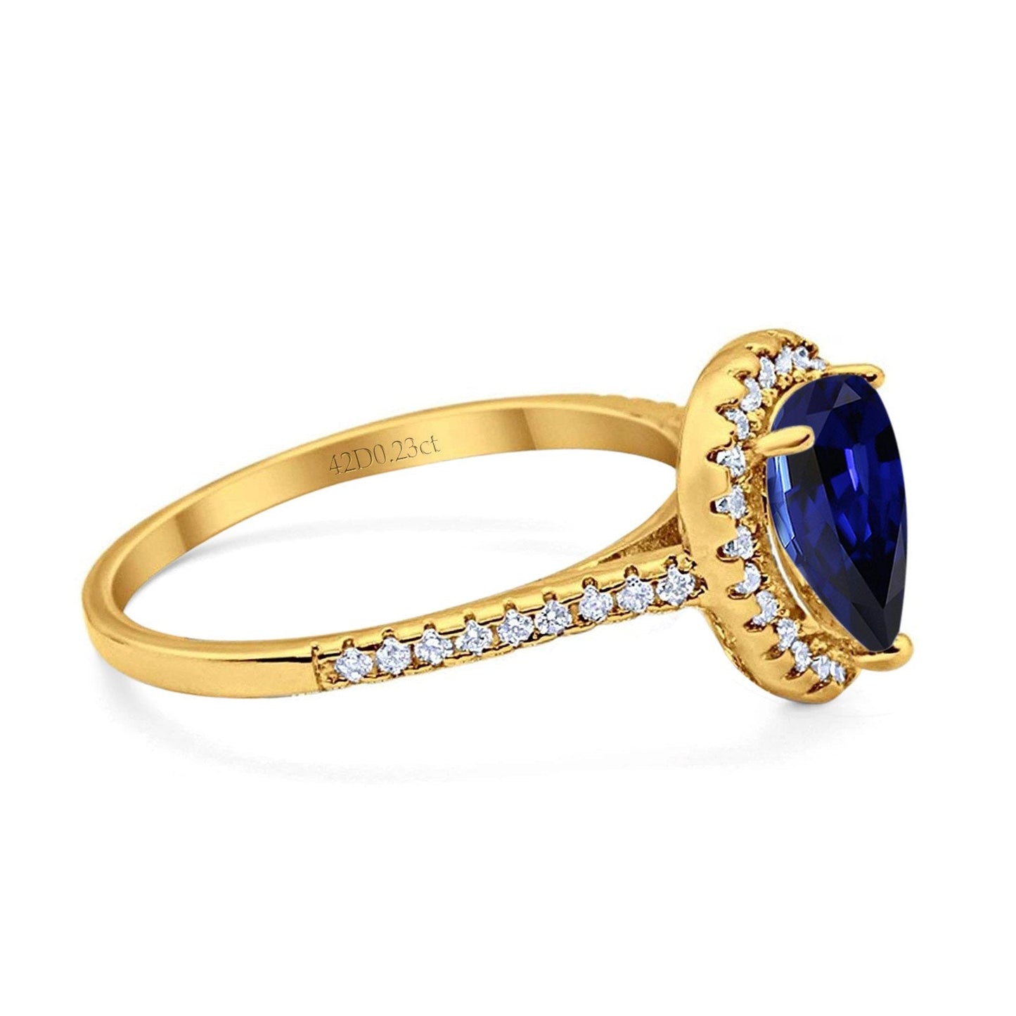 14K Yellow Gold 1.48ct Teardrop Pear 8mmx6mm G SI Lab Blue Sapphire Diamond Engagement Wedding Ring Size 6.5