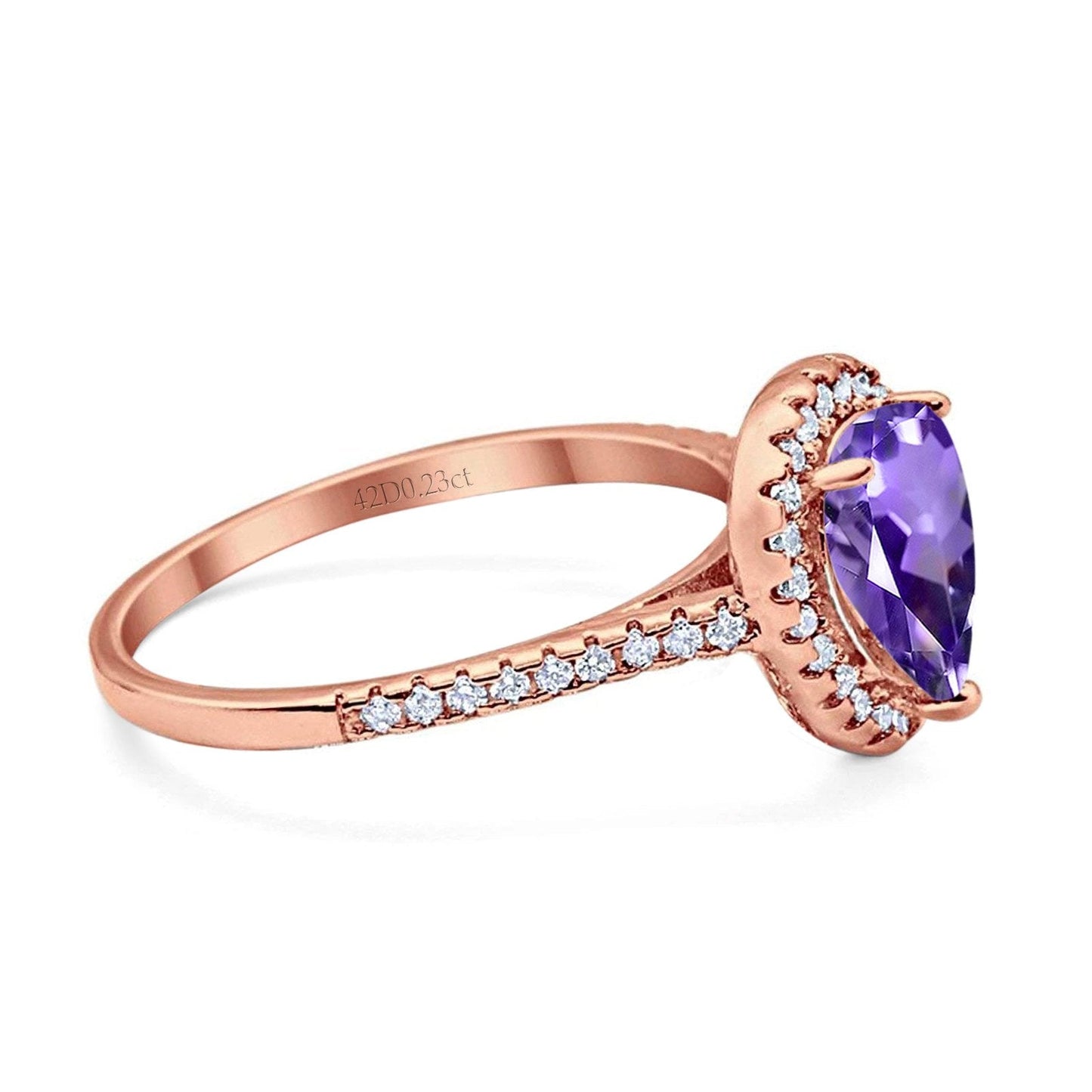 14K Rose Gold 1.48ct Teardrop Pear 8mmx6mm G SI Natural Amethyst Diamond Engagement Wedding Ring Size 6.5