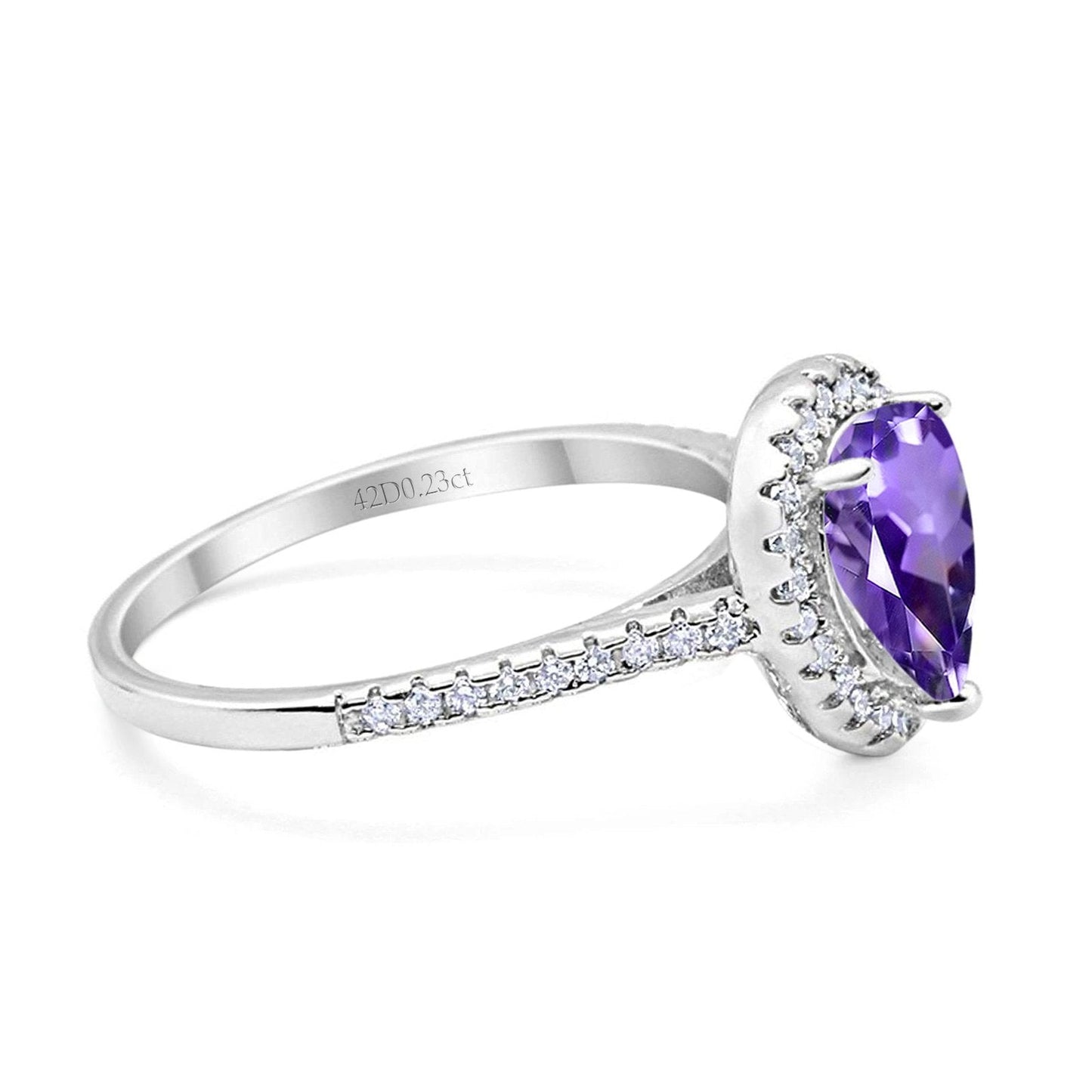 14K White Gold 1.48ct Teardrop Pear 8mmx6mm G SI Natural Amethyst Diamond Engagement Wedding Ring Size 6.5