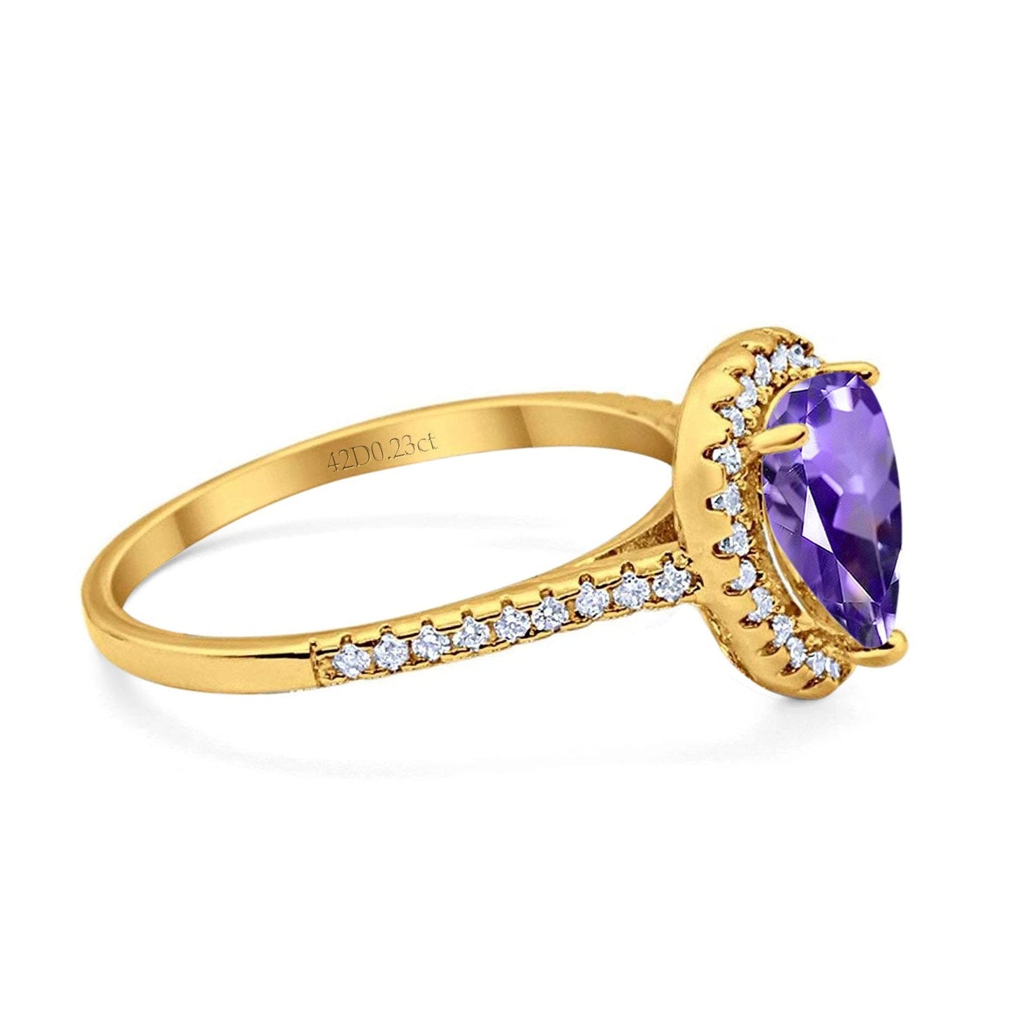 14K Yellow Gold 1.48ct Teardrop Pear 8mmx6mm G SI Natural Amethyst Diamond Engagement Wedding Ring Size 6.5