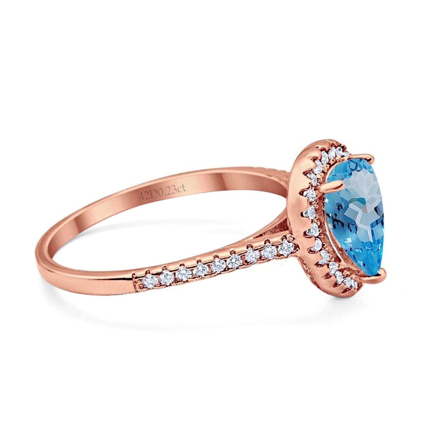 14K Rose Gold 1.48ct Teardrop Pear 8mmx6mm G SI Natural Blue Topaz Diamond Engagement Wedding Ring Size 6.5