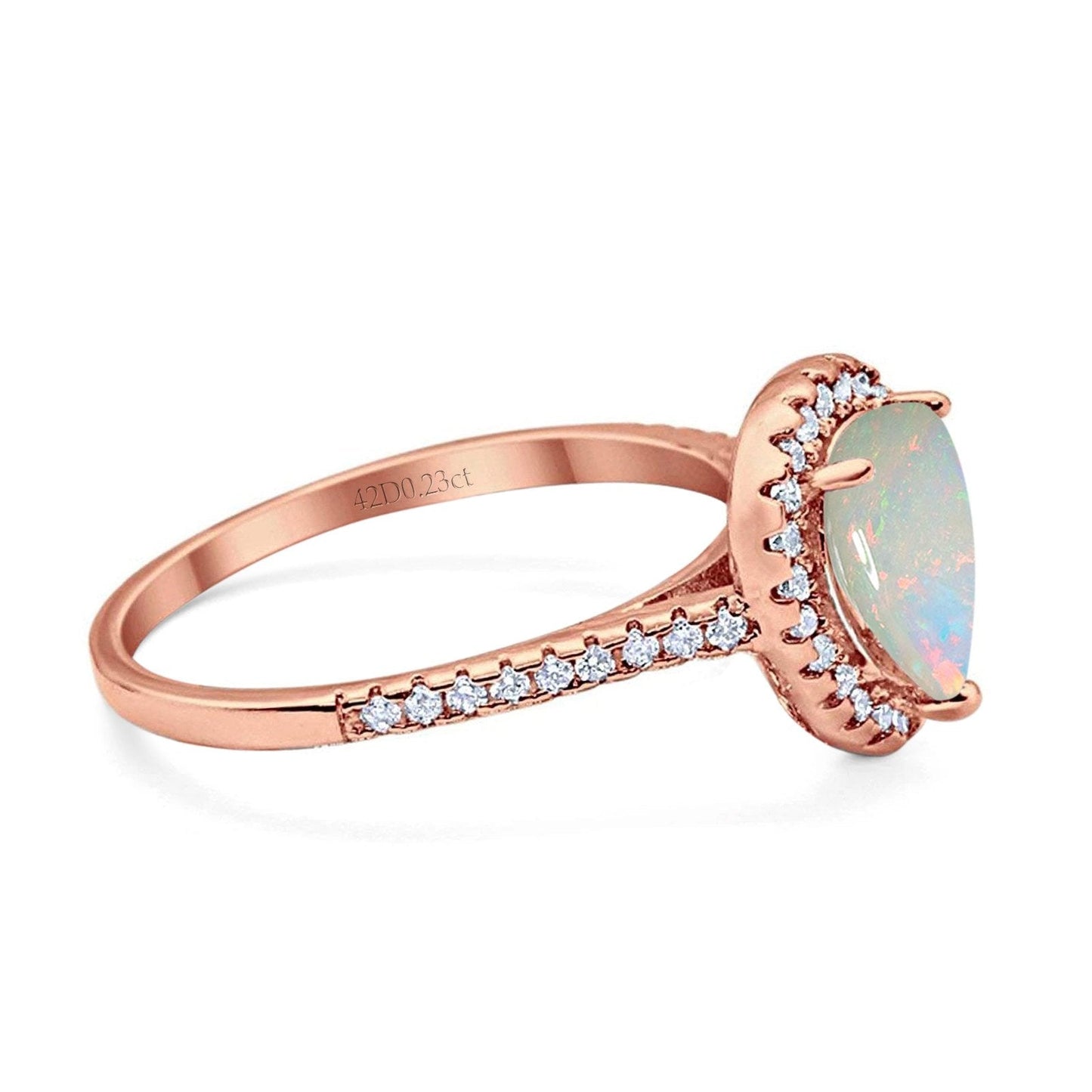 14K Rose Gold 0.23ct Teardrop Pear 8mmx6mm G SI Natural White Opal Diamond Engagement Wedding Ring Size 6.5