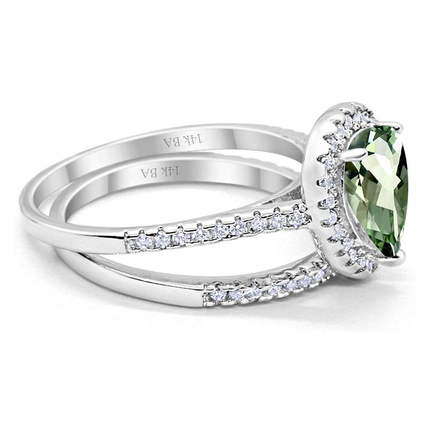 14K White Gold 1.62ct Pear 8mmx6mm G SI Natural Green Amethyst Diamond Bridal Engagement Wedding Ring Size 6.5