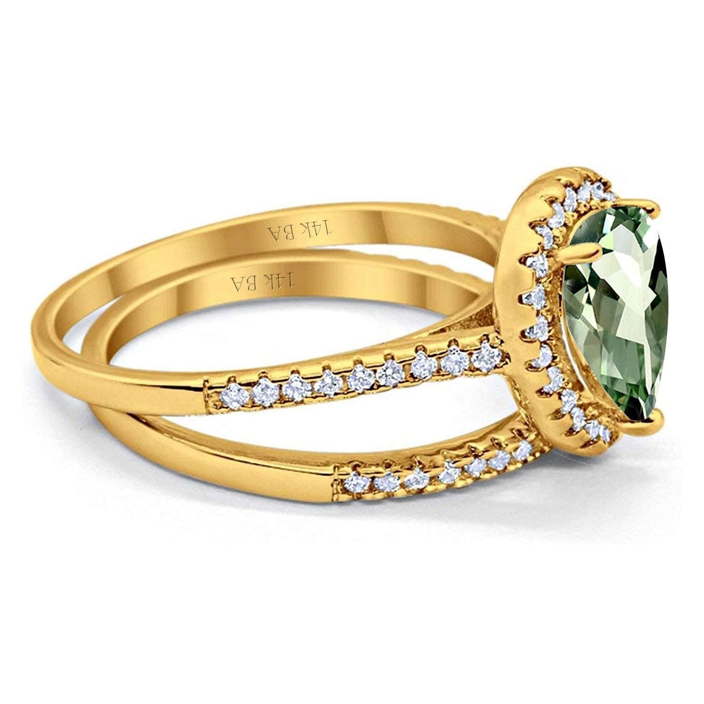 14K Yellow Gold 1.62ct Pear 8mmx6mm G SI Natural Green Amethyst Diamond Bridal Engagement Wedding Ring Size 6.5