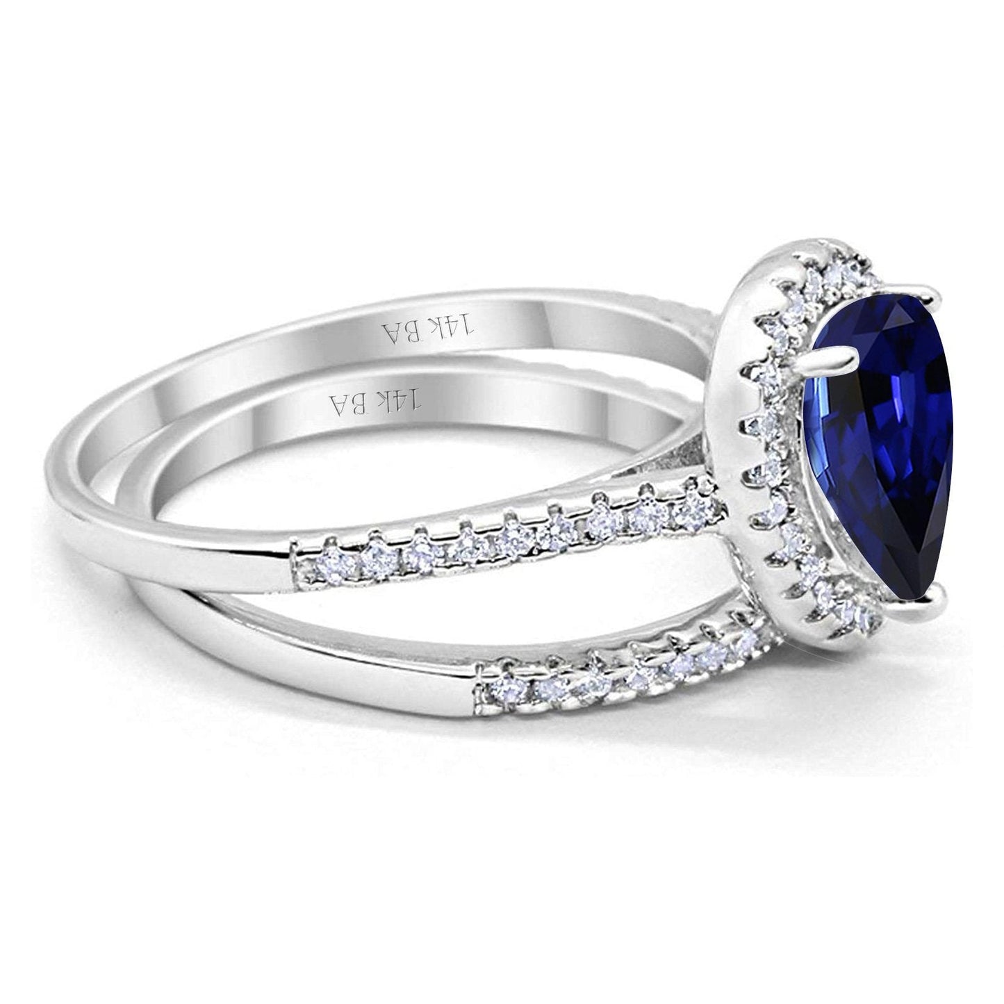 14K White Gold 1.62ct Pear 8mmx6mm G SI Nano Blue Sapphire Diamond Bridal Engagement Wedding Ring Size 6.5