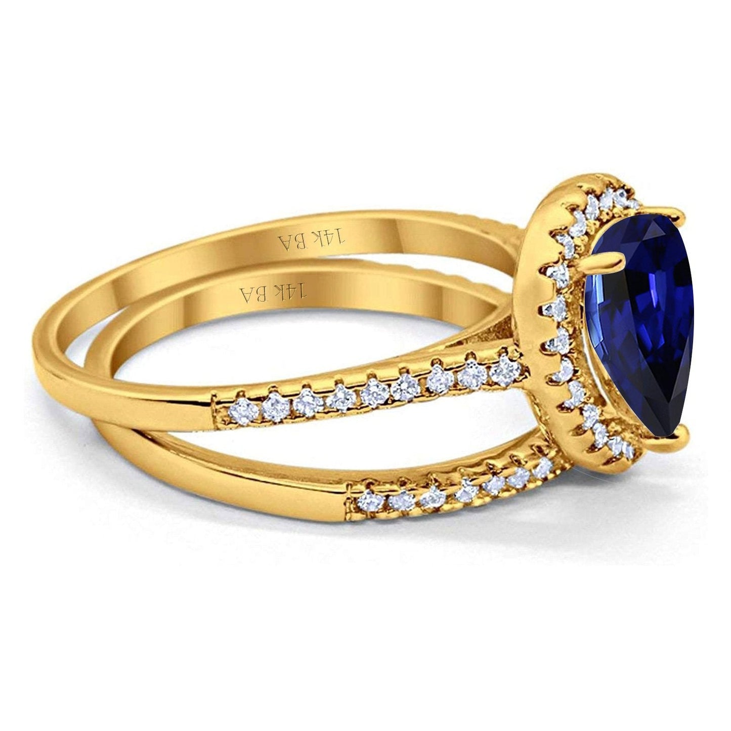 14K Yellow Gold 1.62ct Pear 8mmx6mm G SI Nano Blue Sapphire Diamond Bridal Engagement Wedding Ring Size 6.5