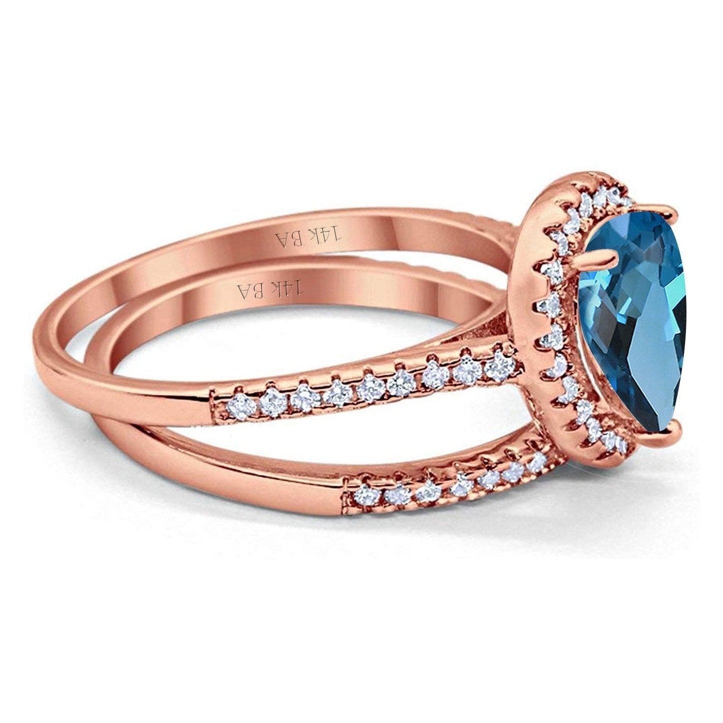 Bague de fiançailles en or rose 14 carats avec topaze bleue de Londres de 8 mm x 6 mm et diamant en forme de poire de 1,62 ct, taille 6,5