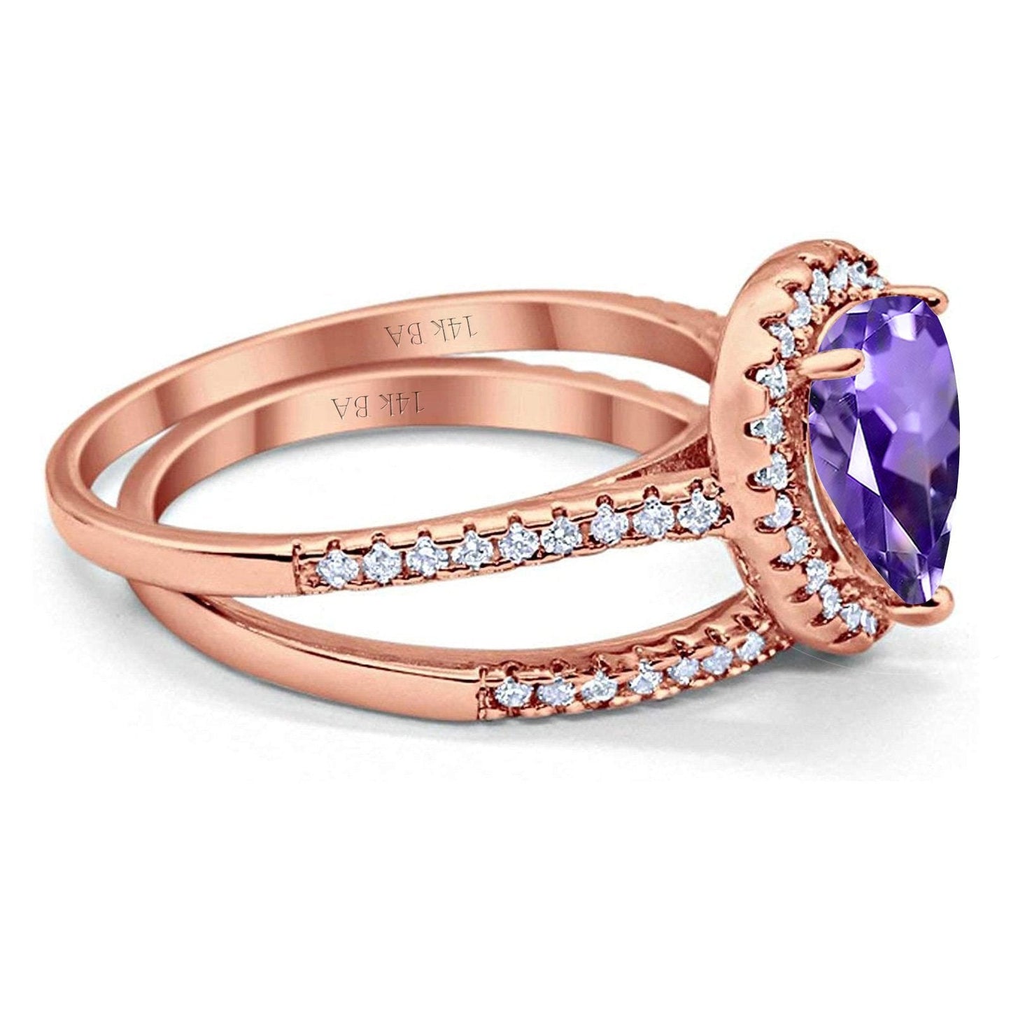 14K Rose Gold 1.62ct Pear 8mmx6mm G SI Natural Amethyst Diamond Bridal Engagement Wedding Ring Size 6.5