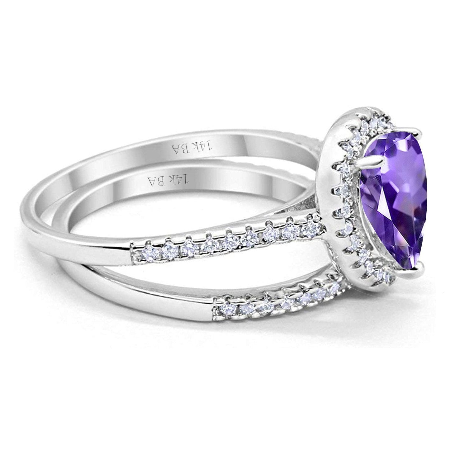 14K White Gold 1.62ct Pear 8mmx6mm G SI Natural Amethyst Diamond Bridal Engagement Wedding Ring Size 6.5