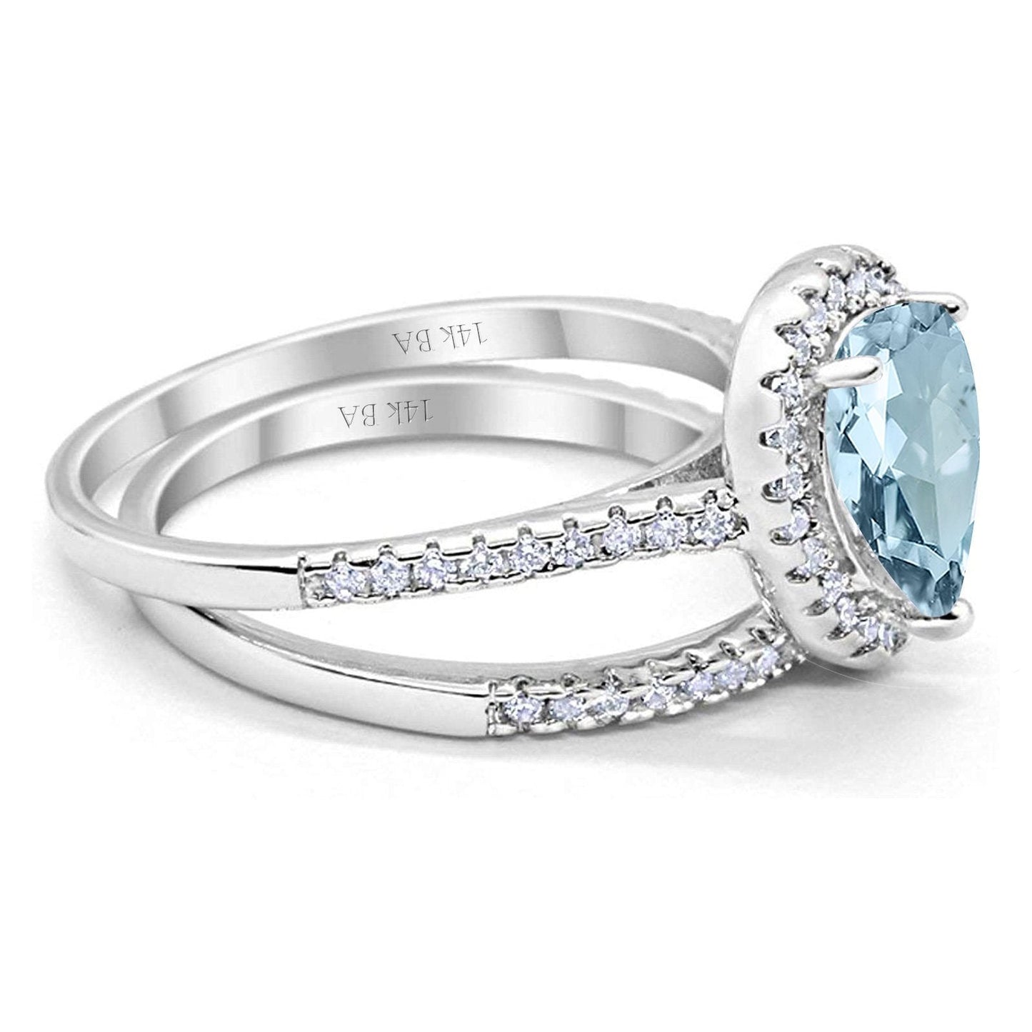 14K White Gold 1.62ct Pear 8mmx6mm G SI Natural Aquamarine Diamond Bridal Engagement Wedding Ring Size 6.5