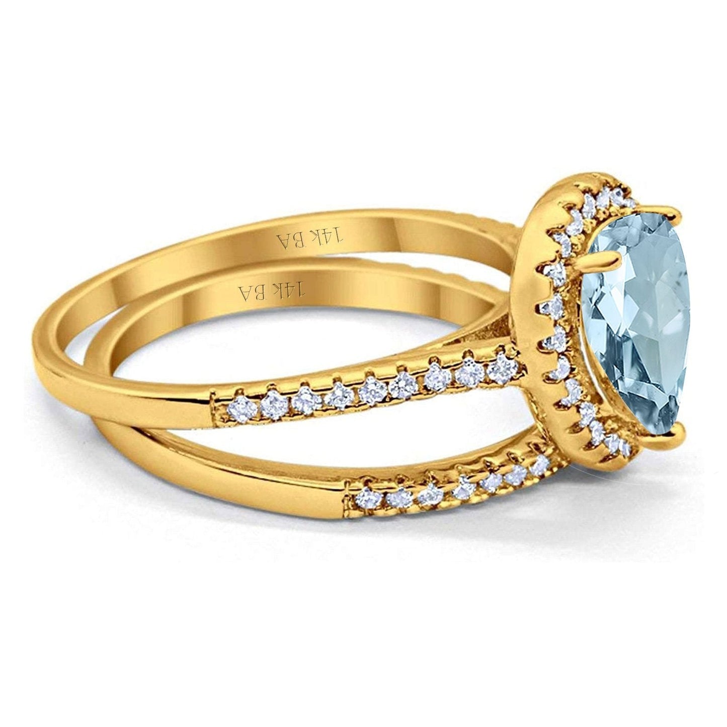 14K Yellow Gold 1.62ct Pear 8mmx6mm G SI Natural Aquamarine Diamond Bridal Engagement Wedding Ring Size 6.5