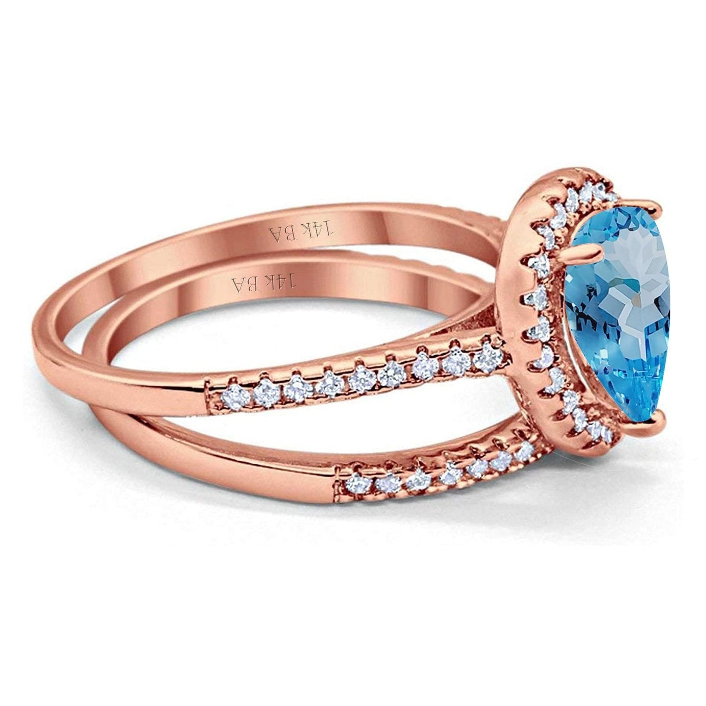 14K Rose Gold 1.62ct Pear 8mmx6mm G SI Natural Blue Topaz Diamond Bridal Engagement Wedding Ring Size 6.5