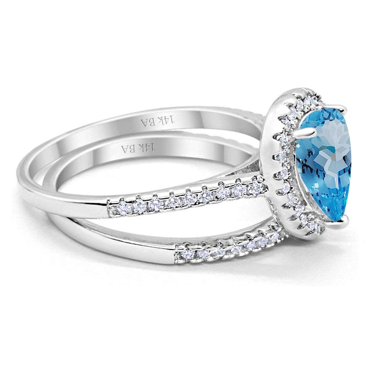 14K White Gold 1.62ct Pear 8mmx6mm G SI Natural Blue Topaz Diamond Bridal Engagement Wedding Ring Size 6.5