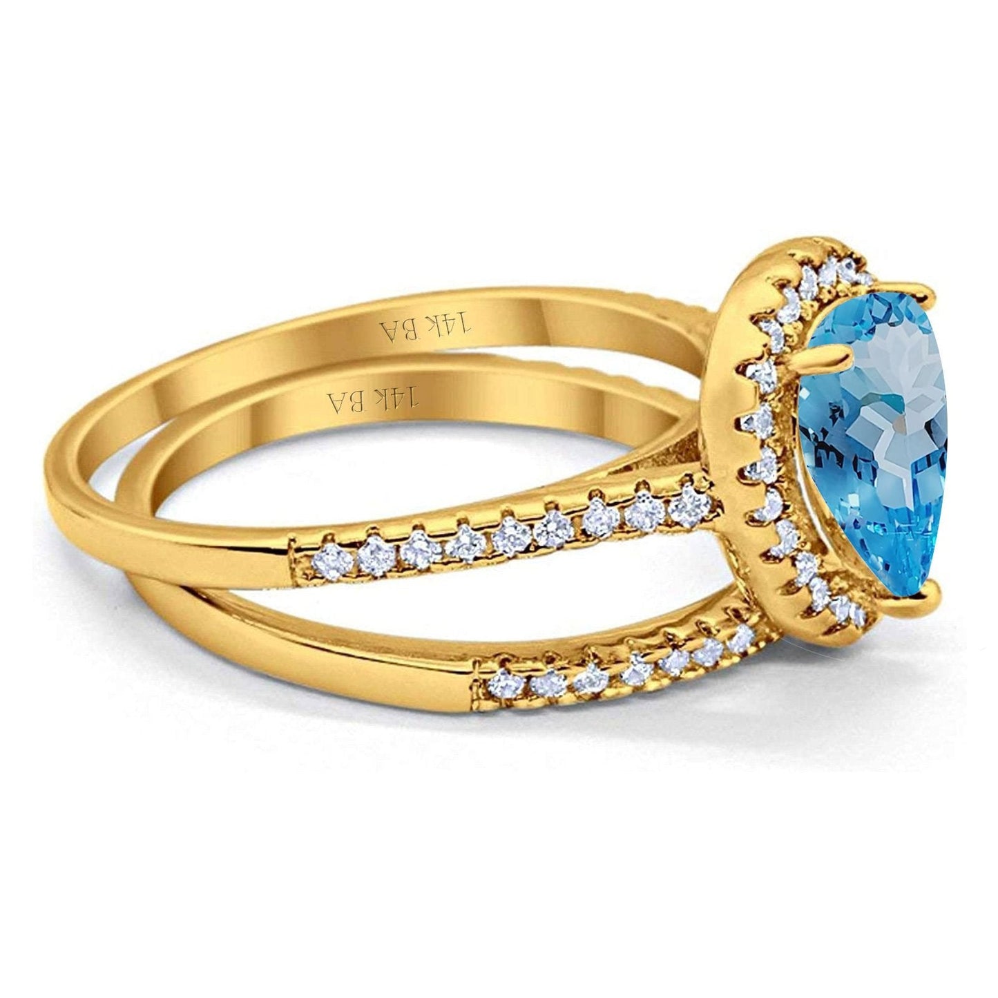 14K Yellow Gold 1.62ct Pear 8mmx6mm G SI Natural Blue Topaz Diamond Bridal Engagement Wedding Ring Size 6.5