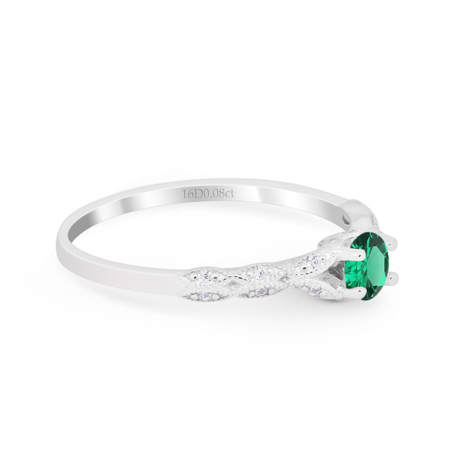 14K White Gold 0.33ct Round Petite Dainty Art Deco 4mm G SI Nano Emerald Diamond Engagement Wedding Ring Size 6.5