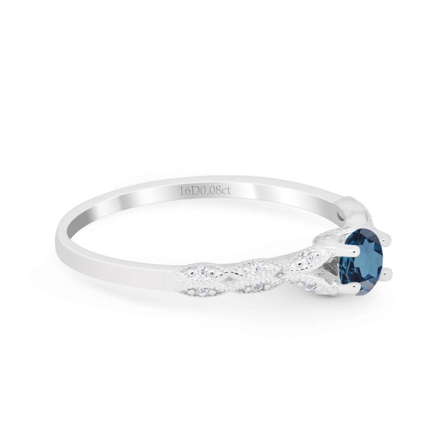 14K White Gold 0.33ct Round Petite Dainty Art Deco 4mm G SI London Blue Topaz Diamond Engagement Wedding Ring Size 6.5