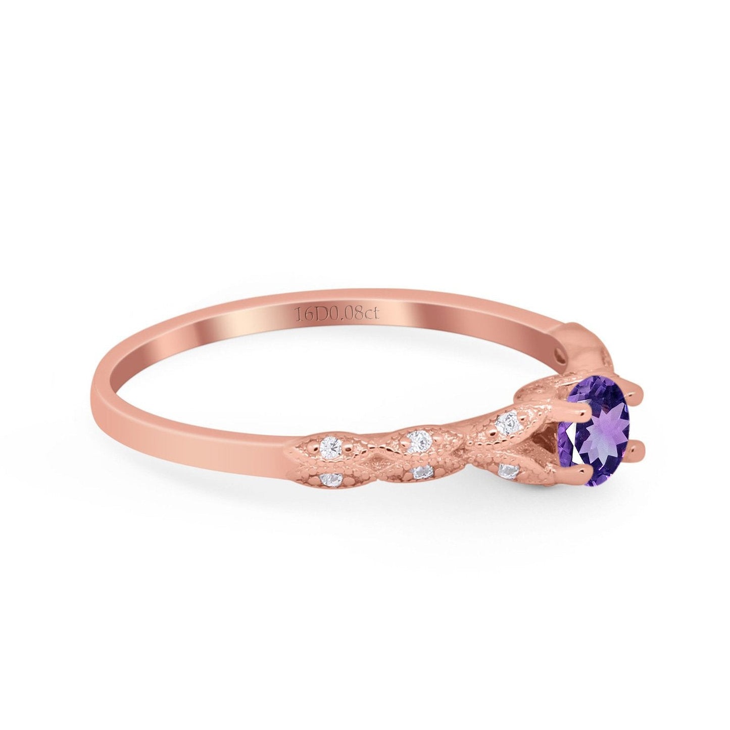 14K Rose Gold 0.33ct Round Petite Dainty Art Deco 4mm G SI Natural Amethyst Diamond Engagement Wedding Ring Size 6.5