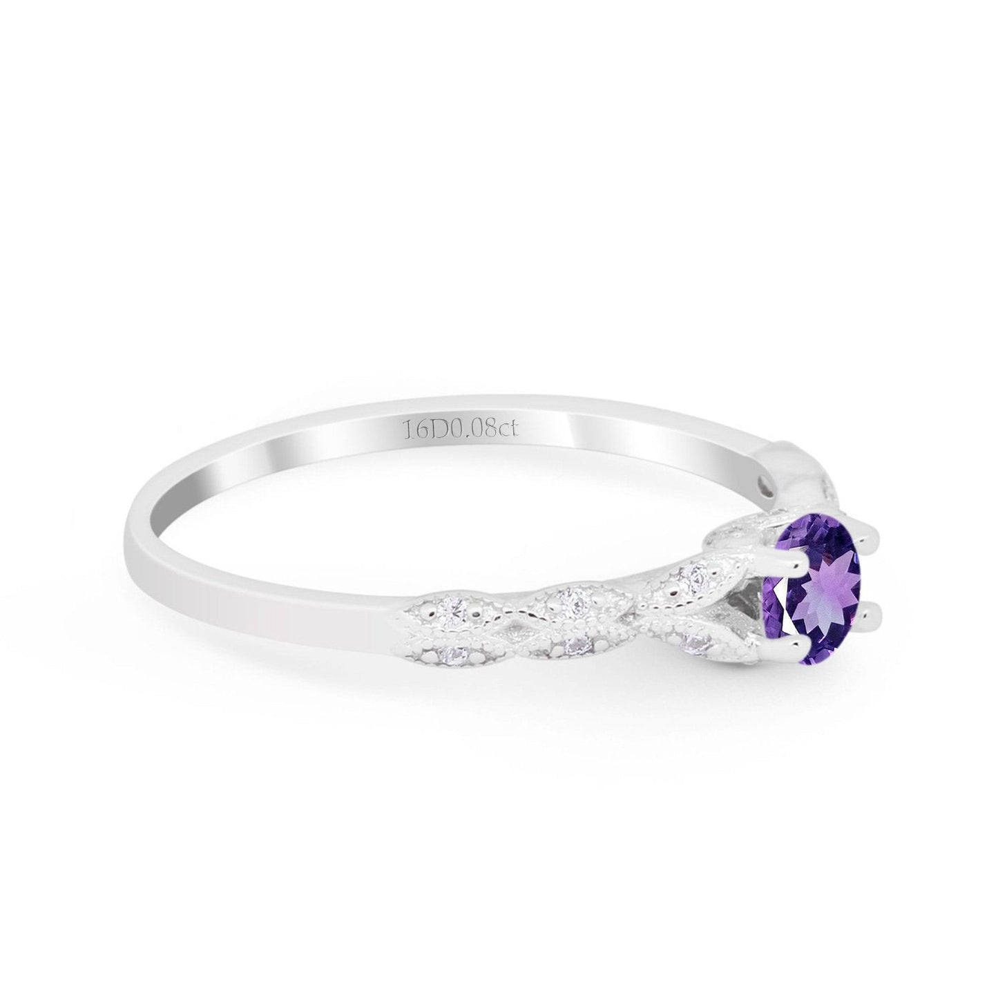 14K White Gold 0.33ct Round Petite Dainty Art Deco 4mm G SI Natural Amethyst Diamond Engagement Wedding Ring Size 6.5