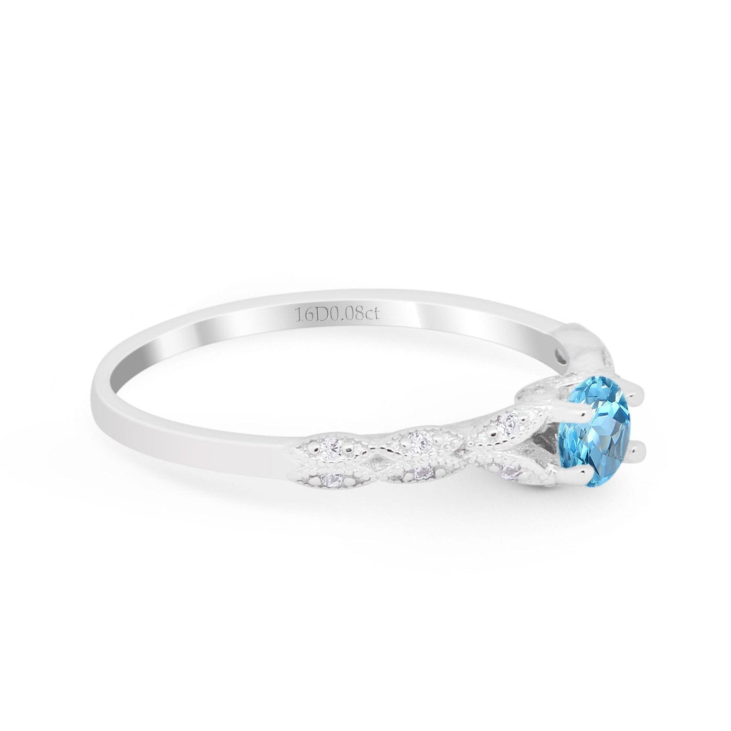 Bague de fiançailles en or blanc 14 carats 0,33 ct Art déco ronde petite et délicate 4 mm G SI avec topaze bleue naturelle et diamant taille 6,5